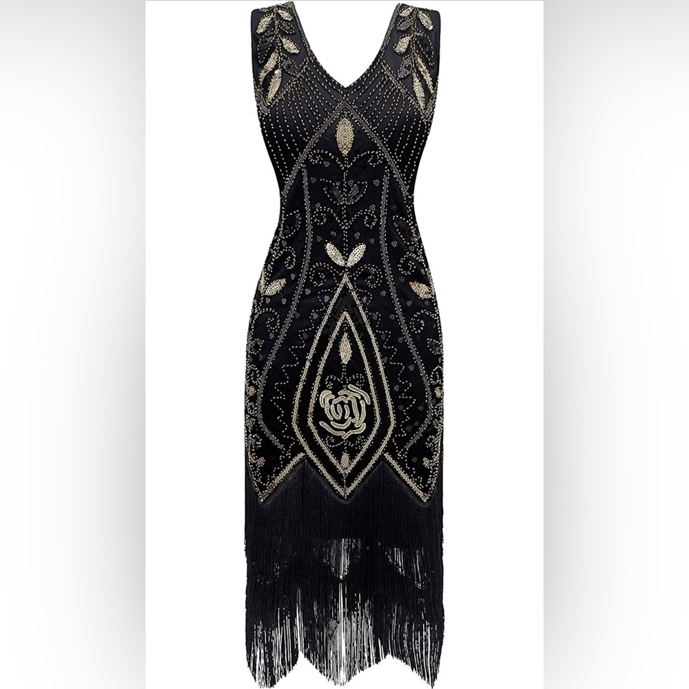 NWT Black and Gold Vintage Retro style 1920’s Flapper Dress XS